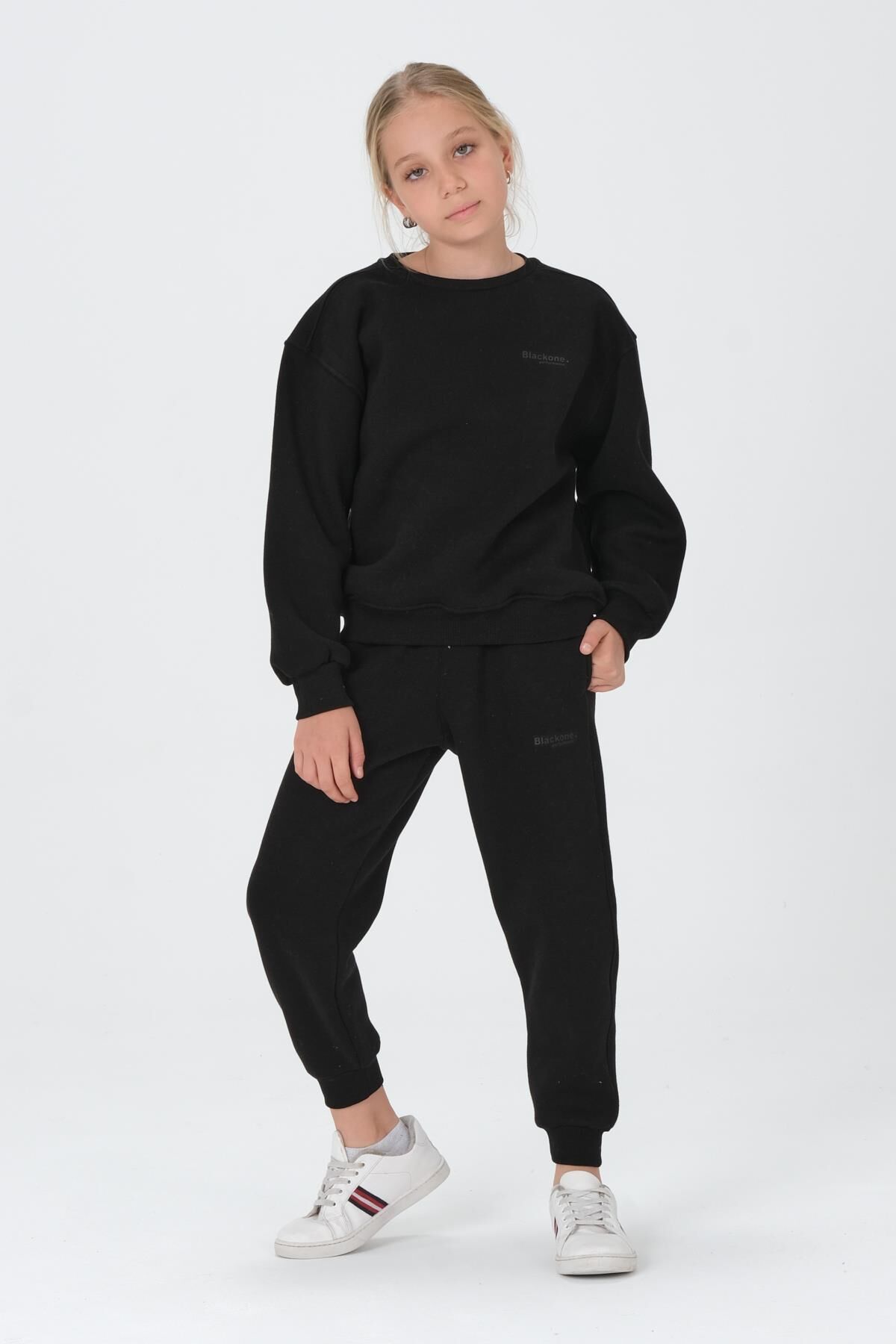 Bisiklet Yaka Baskı Detaylı Şardonlu Kız Çocuk Eşofman Takımı