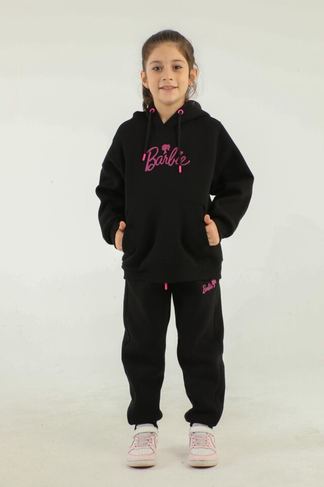 Kapüşonlu Barbie Baskı Detaylı Kız Çocuk Eşofman Takımı