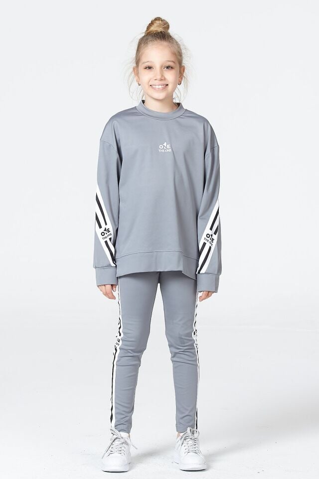 Black One Kız Çocuk Şerit Detaylı Salaş Sweat ve Tayt Spor Takım