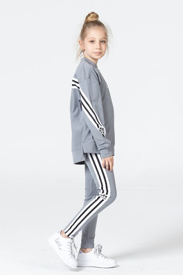Black One Kız Çocuk Şerit Detaylı Salaş Sweat ve Tayt Spor Takım