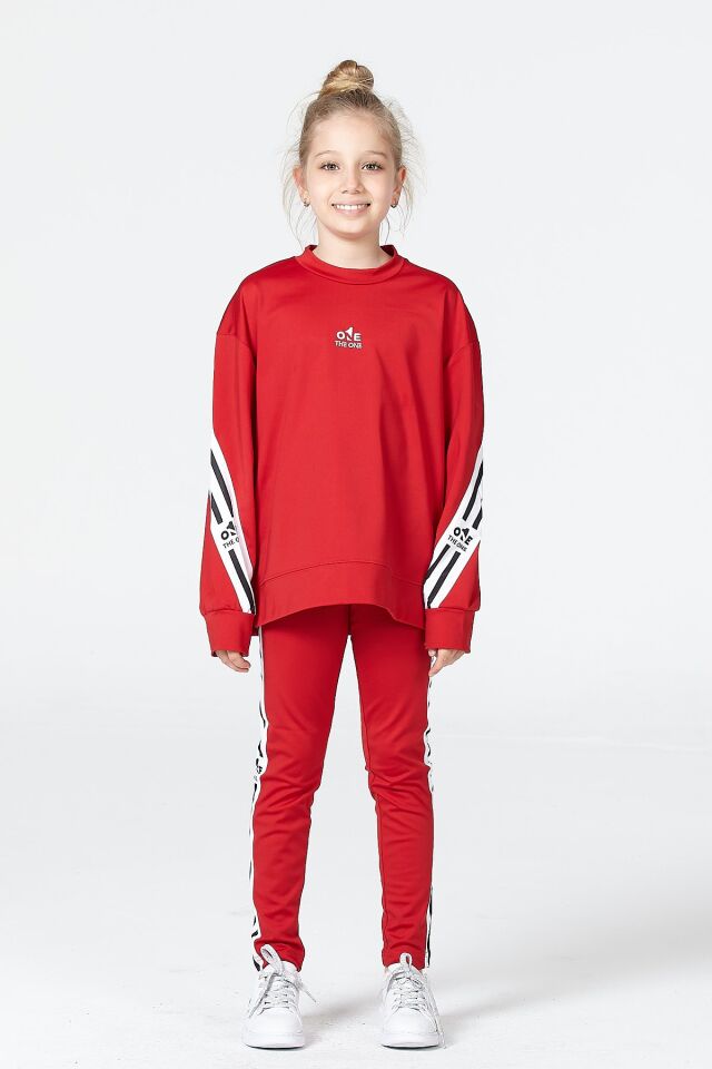 Black One Kız Çocuk Şerit Detaylı Salaş Sweat ve Tayt Spor Takım