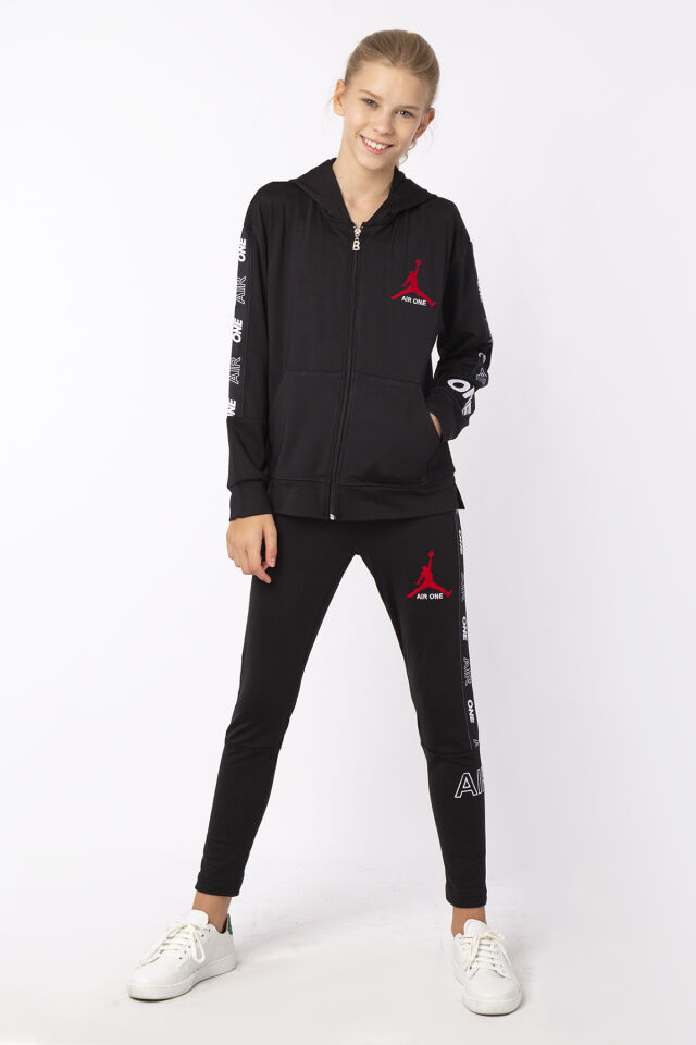 KIZ ÇOCUK ŞERİT DETAYLI BASKILI TAYT SWEAT TAKIMI