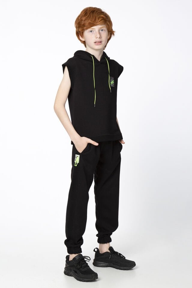 Kapüşonlu Kısa Kollu Kordon Detaylı Erkek Çocuk Alt Üst Takım