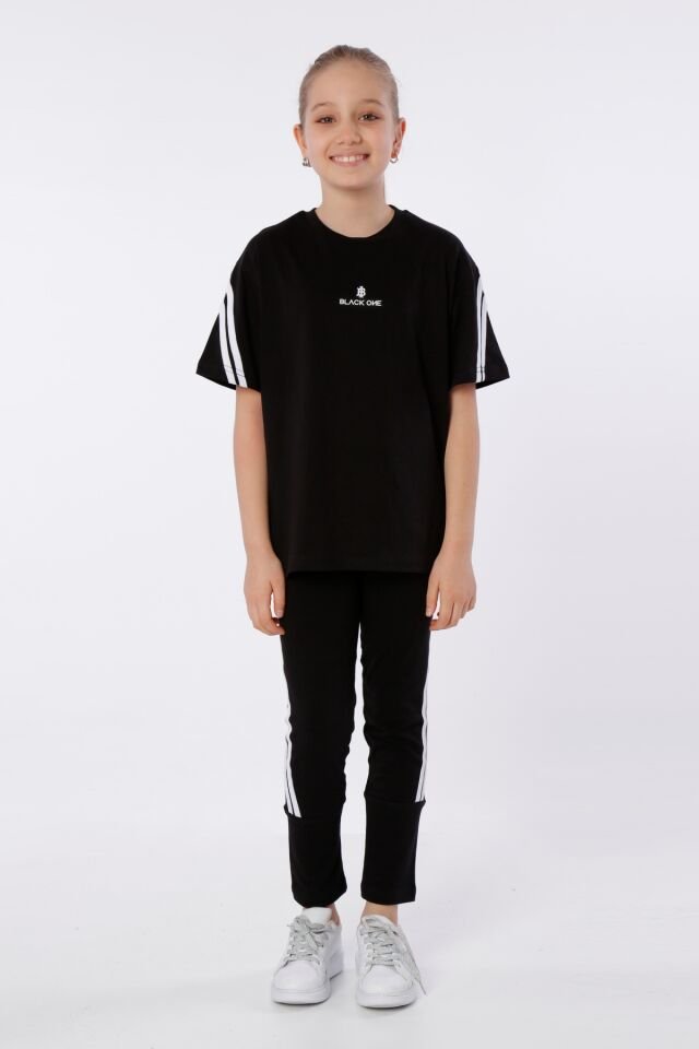 KIZ ÇOCUK BASKILI BİSİKLET YAKA T-SHIRT ŞERİT DETAYLI TAYT TAKIMI