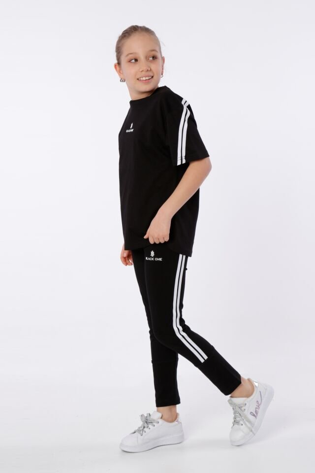 KIZ ÇOCUK BASKILI BİSİKLET YAKA T-SHIRT ŞERİT DETAYLI TAYT TAKIMI