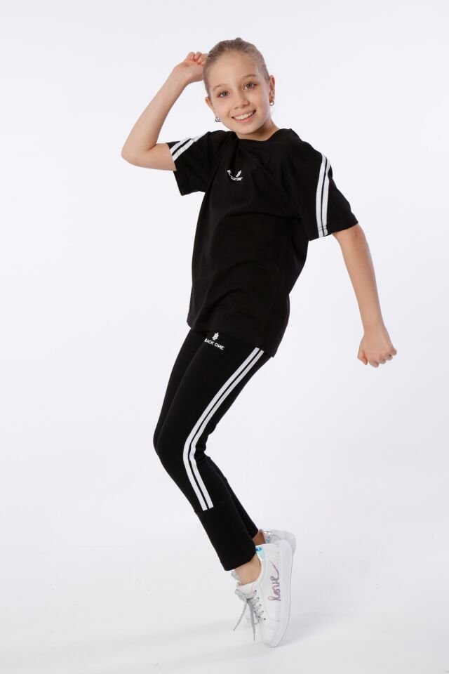 KIZ ÇOCUK BASKILI BİSİKLET YAKA T-SHIRT ŞERİT DETAYLI TAYT TAKIMI