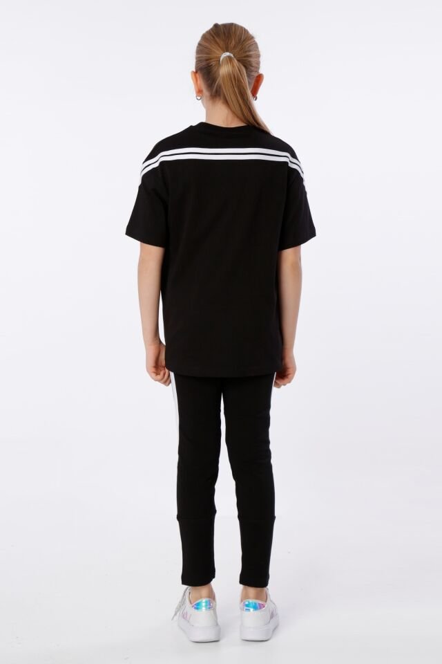 KIZ ÇOCUK BASKILI BİSİKLET YAKA T-SHIRT ŞERİT DETAYLI TAYT TAKIMI