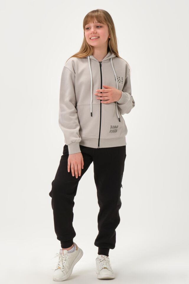 Çelikli İnterlok Kumaş Cep Baskı Detaylı Fermuarlı Kapüşonlu Alt Üst Kız Çocuk Eşofman  Takımı