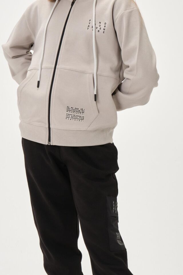 Çelikli İnterlok Kumaş Cep Baskı Detaylı Fermuarlı Kapüşonlu Alt Üst Kız Çocuk Eşofman  Takımı