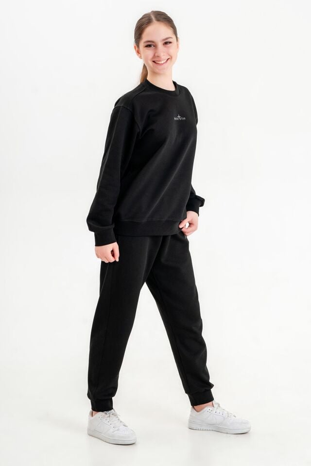 Bisiklet Yaka Baskı Detaylı Kız Çocuk Eşofman Takımı