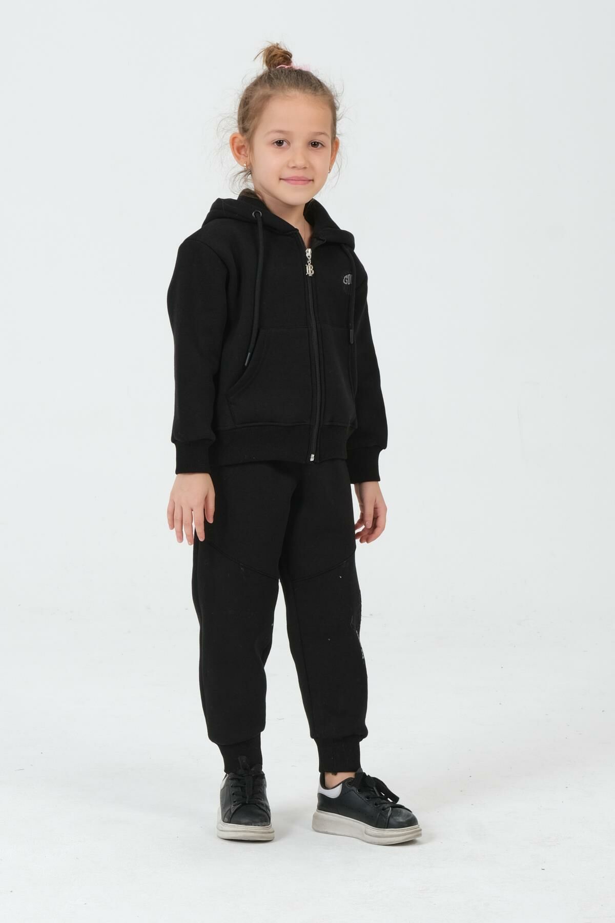 KIZ ÇOCUK ÇİFT CEPLİ KAPÜŞONLU FERMUARLI 3 İPLİK KUMAŞTAN KORDONLU ÇOCUK EŞOFMAN TAKIMI