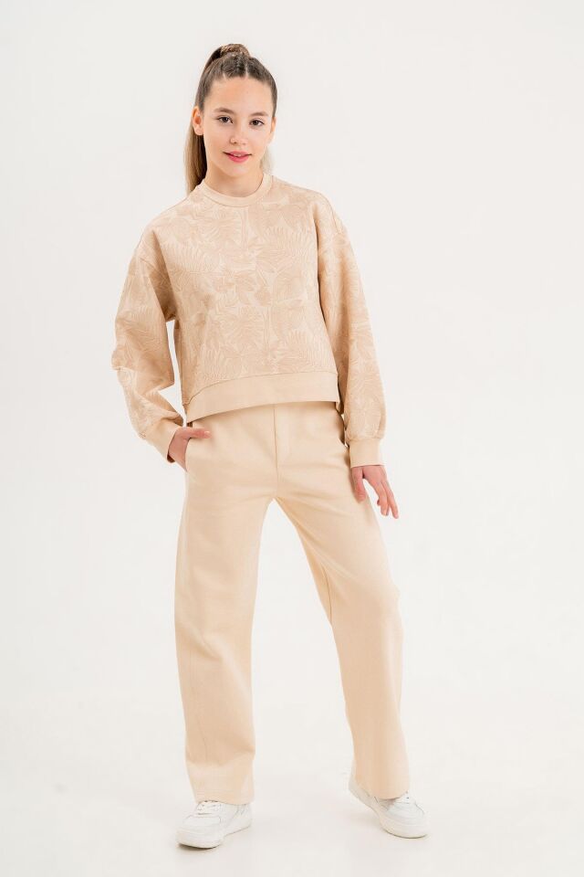 Kız Çocuk Bisiklet Yaka Baskı Detaylı Desenli Üst Geniş Paça Alt İkili Takım