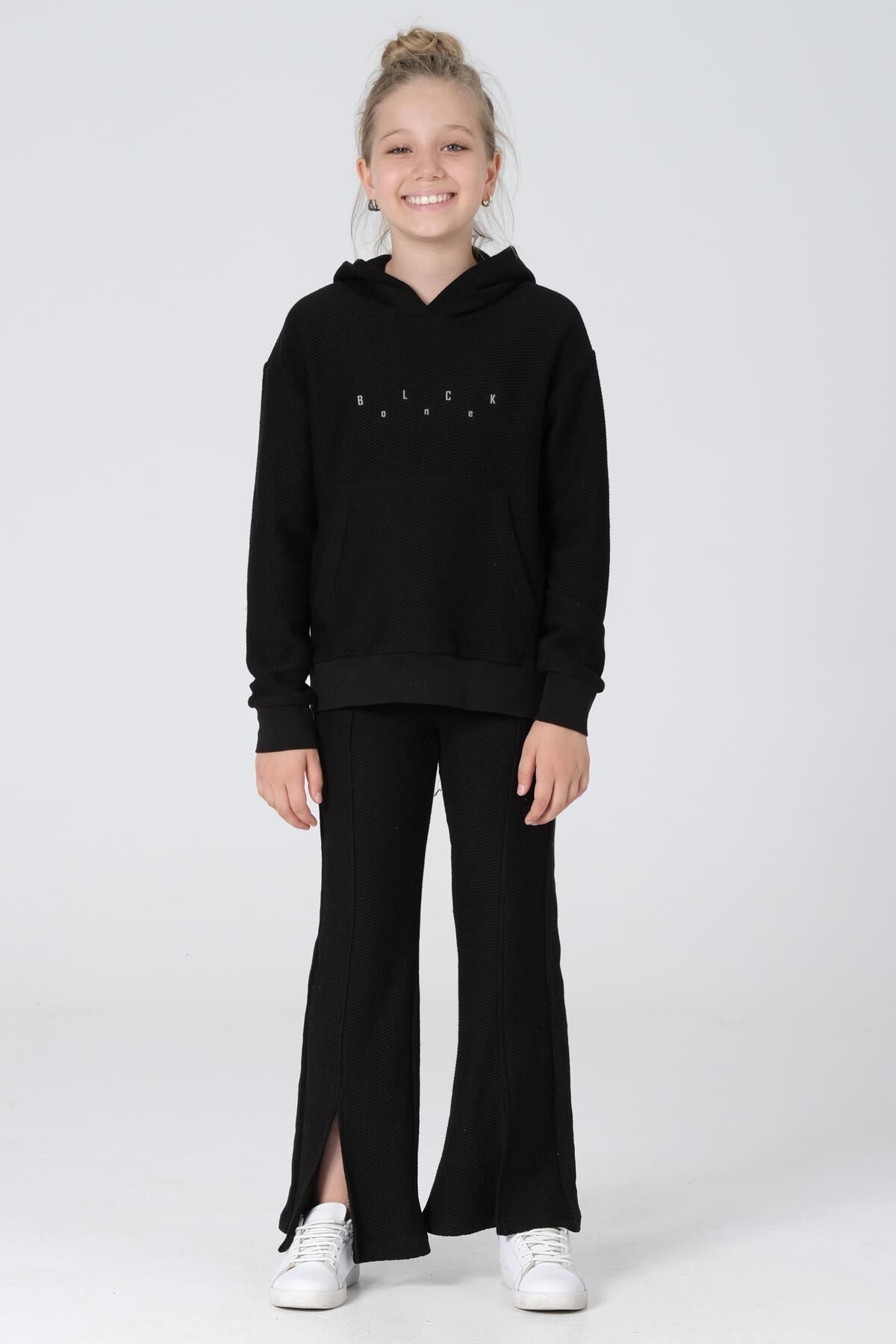 Black One Kız Çocuk Kapüşonlu Baskılı Yırtmaç Paça Detaylı Bal Petek Kumaş Eşofman takımı