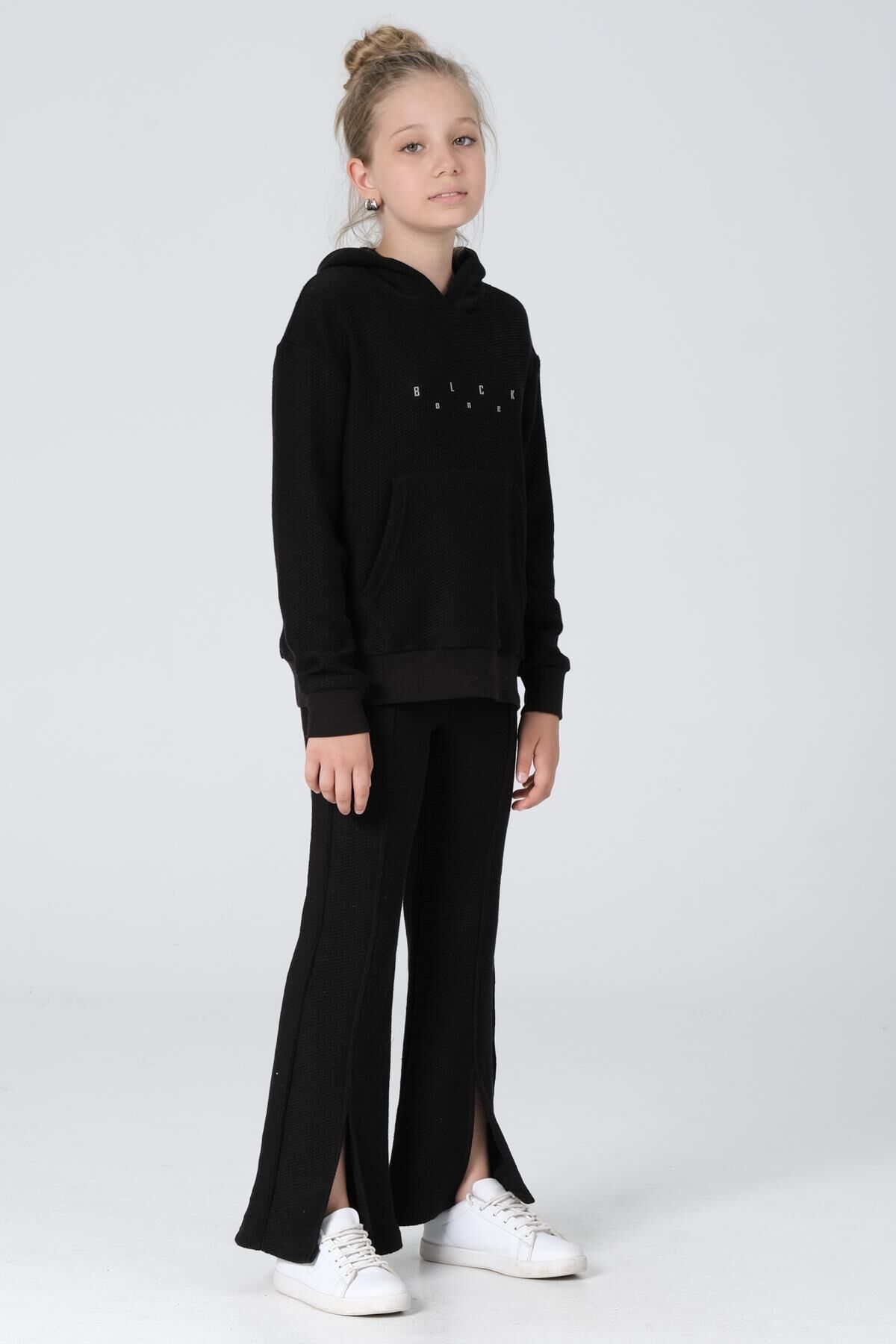 Black One Kız Çocuk Kapüşonlu Baskılı Yırtmaç Paça Detaylı Bal Petek Kumaş Eşofman takımı