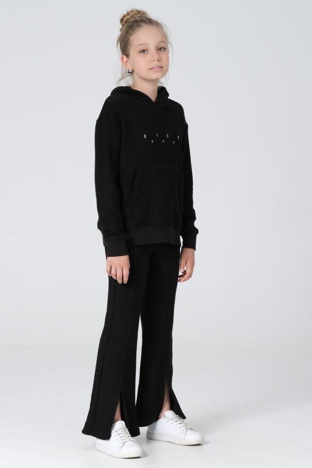 Black One Kız Çocuk Kapüşonlu Baskılı Yırtmaç Paça Detaylı Bal Petek Kumaş Eşofman takımı