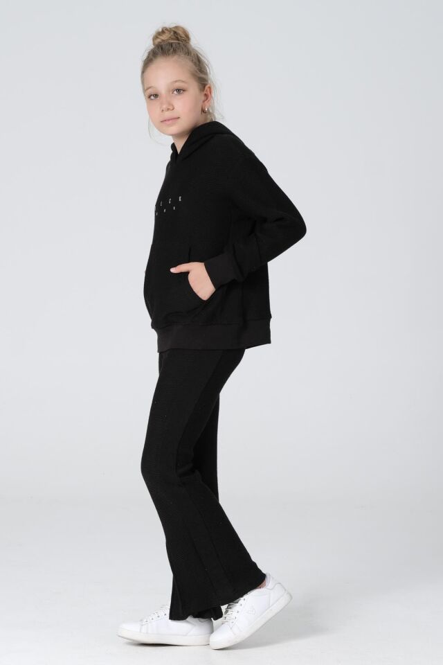 Black One Kız Çocuk Kapüşonlu Baskılı Yırtmaç Paça Detaylı Bal Petek Kumaş Eşofman takımı