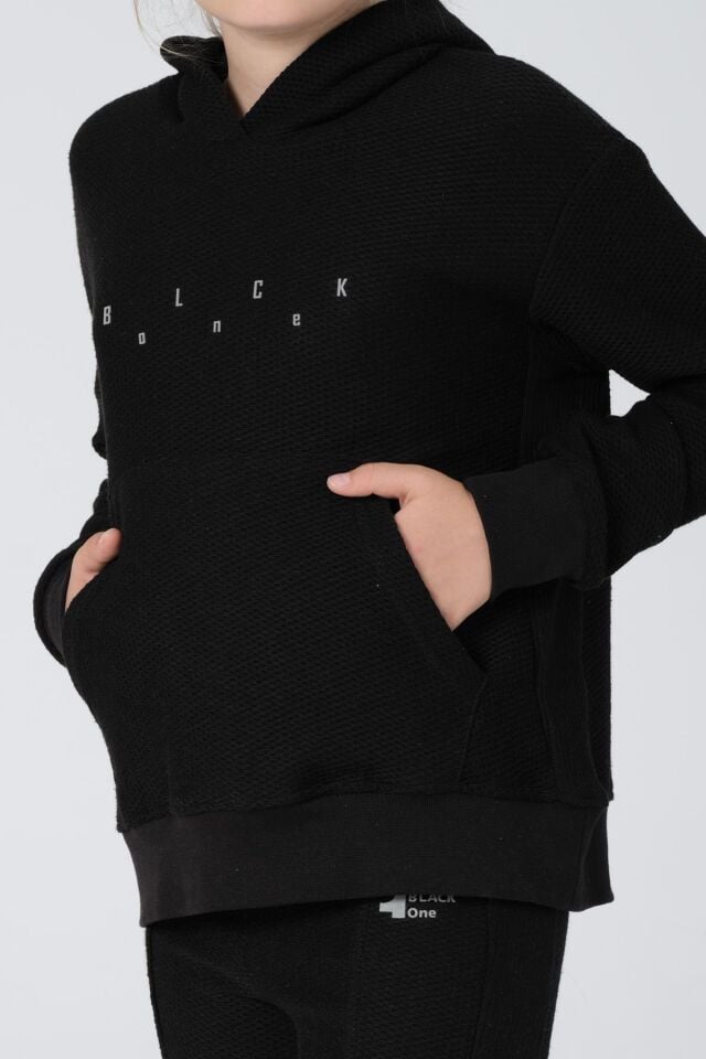 Black One Kız Çocuk Kapüşonlu Baskılı Yırtmaç Paça Detaylı Bal Petek Kumaş Eşofman takımı