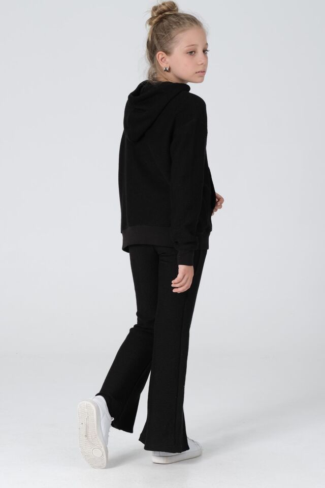 Black One Kız Çocuk Kapüşonlu Baskılı Yırtmaç Paça Detaylı Bal Petek Kumaş Eşofman takımı