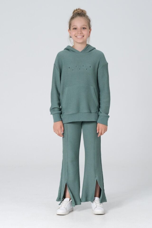 Black One Kız Çocuk Kapüşonlu Baskılı Yırtmaç Paça Detaylı Bal Petek Kumaş Eşofman takımı