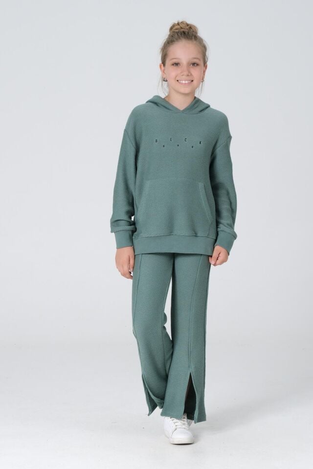 Black One Kız Çocuk Kapüşonlu Baskılı Yırtmaç Paça Detaylı Bal Petek Kumaş Eşofman takımı