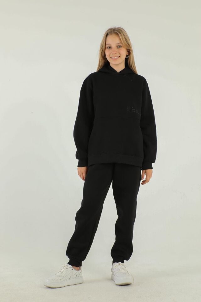 Kapüşonlu Kargo Cepli Kalın Kız Çocuk Eşofman Takımı