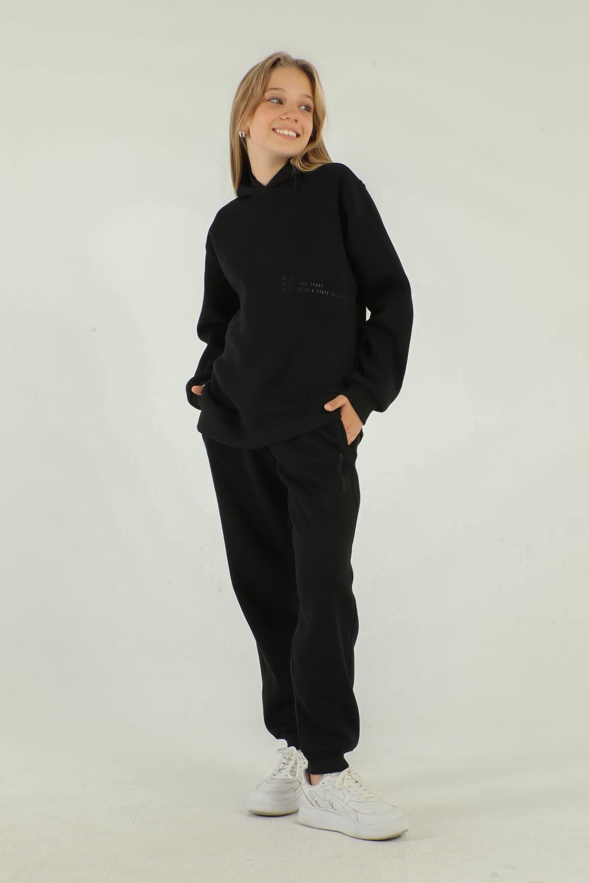 Kapüşonlu Kargo Cepli Kalın Kız Çocuk Eşofman Takımı