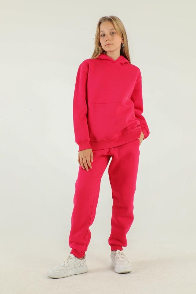 Kapüşonlu Kargo Cepli Kalın Kız Çocuk Eşofman Takımı