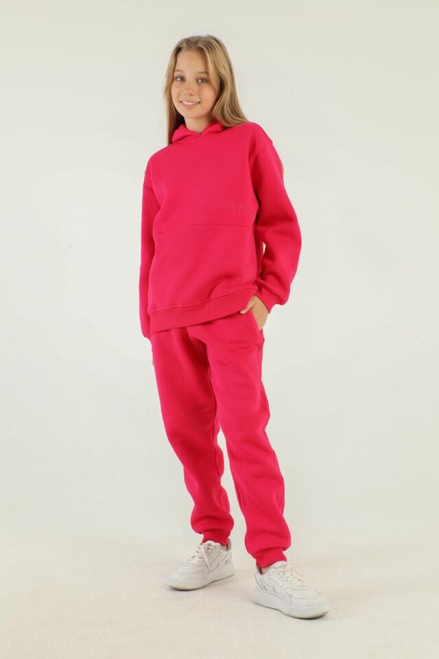 Kapüşonlu Kargo Cepli Kalın Kız Çocuk Eşofman Takımı