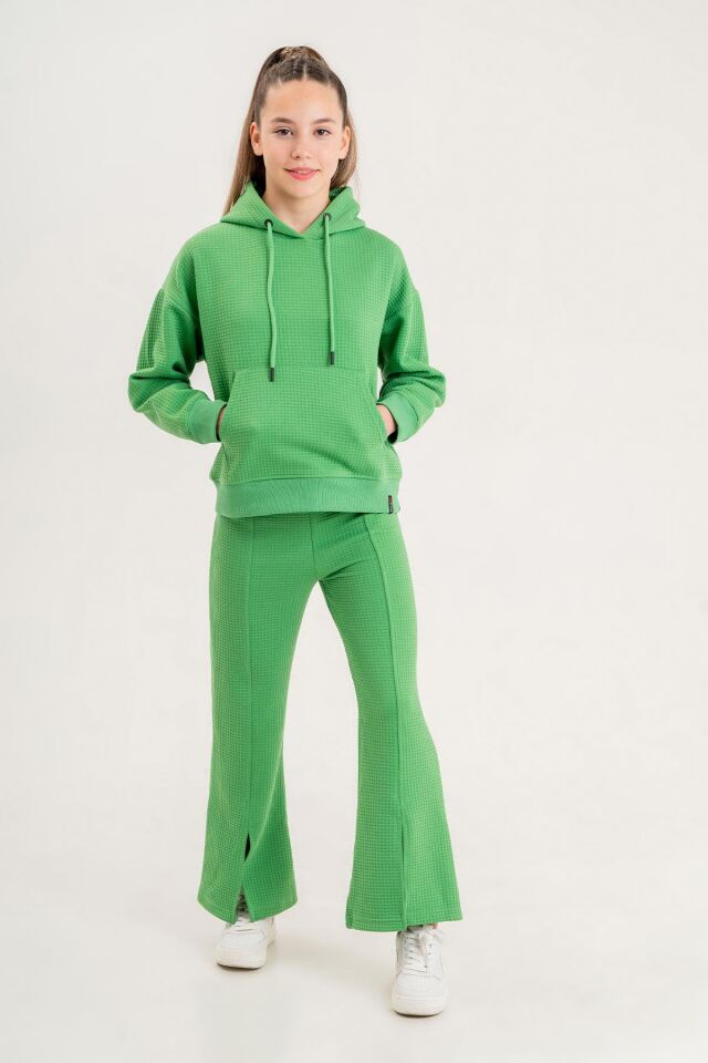 Black One Kız Çocuk Kapüşonlu Yırtmaç Paça Detaylı Waffle Kumaş Eşofman Takımı