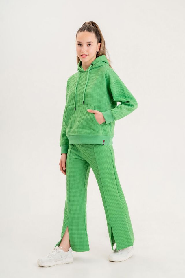 Black One Kız Çocuk Kapüşonlu Yırtmaç Paça Detaylı Waffle Kumaş Eşofman Takımı