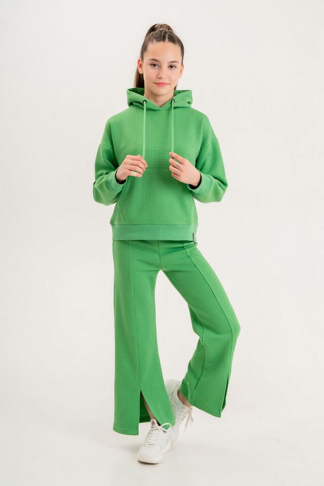 Black One Kız Çocuk Kapüşonlu Yırtmaç Paça Detaylı Waffle Kumaş Eşofman Takımı