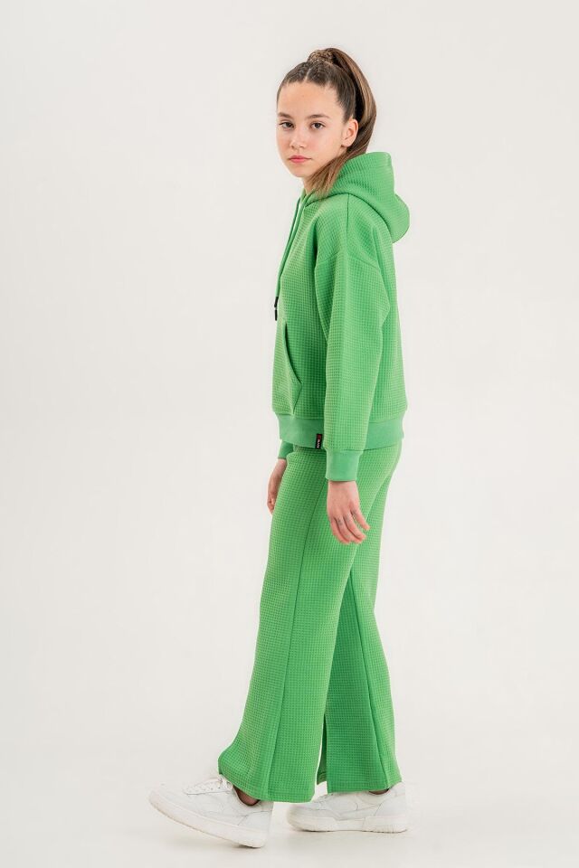 Black One Kız Çocuk Kapüşonlu Yırtmaç Paça Detaylı Waffle Kumaş Eşofman Takımı