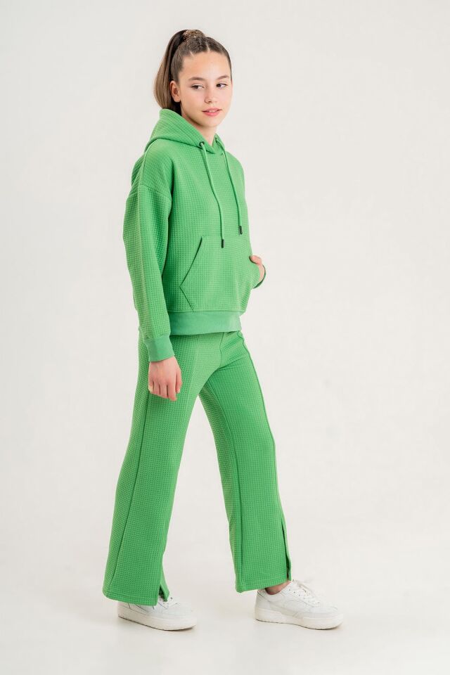 Black One Kız Çocuk Kapüşonlu Yırtmaç Paça Detaylı Waffle Kumaş Eşofman Takımı