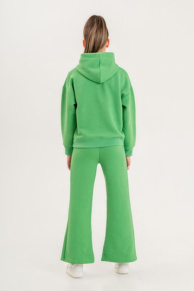 Black One Kız Çocuk Kapüşonlu Yırtmaç Paça Detaylı Waffle Kumaş Eşofman Takımı