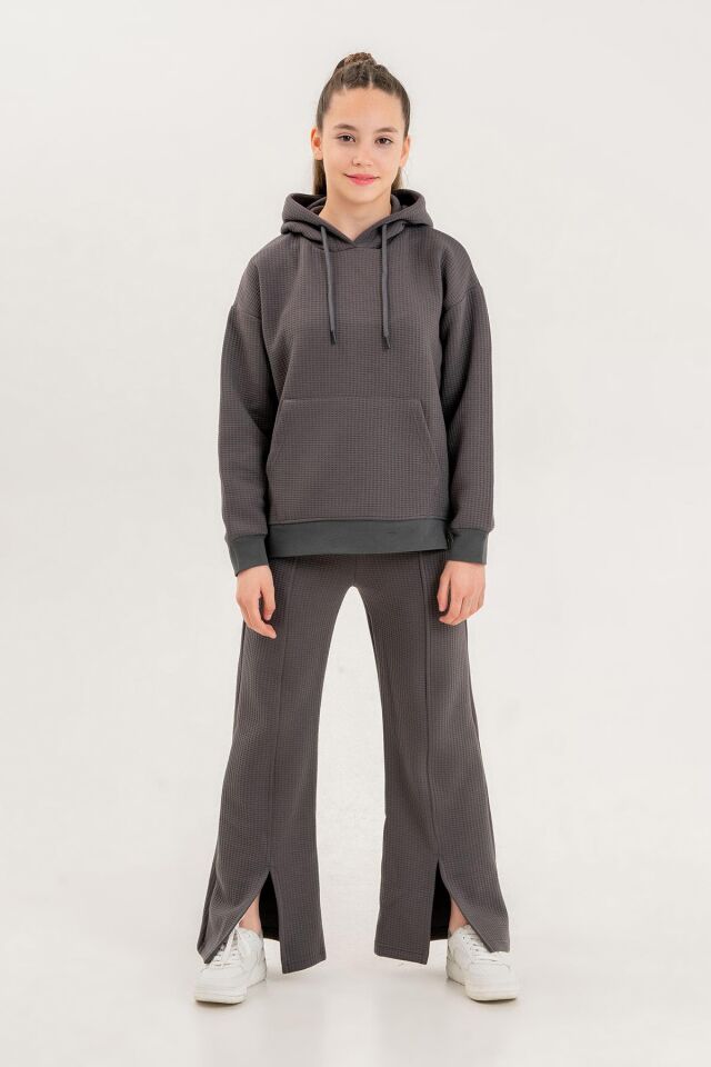 Black One Kız Çocuk Kapüşonlu Yırtmaç Paça Detaylı Waffle Kumaş Eşofman Takımı