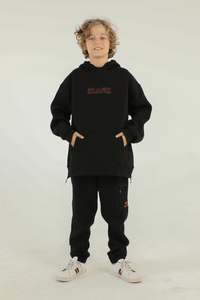 Kapüşonlu Kargo Cepli Yan Fermuar Detaylı Kalın Erkek Çocuk Eşofman Takımı