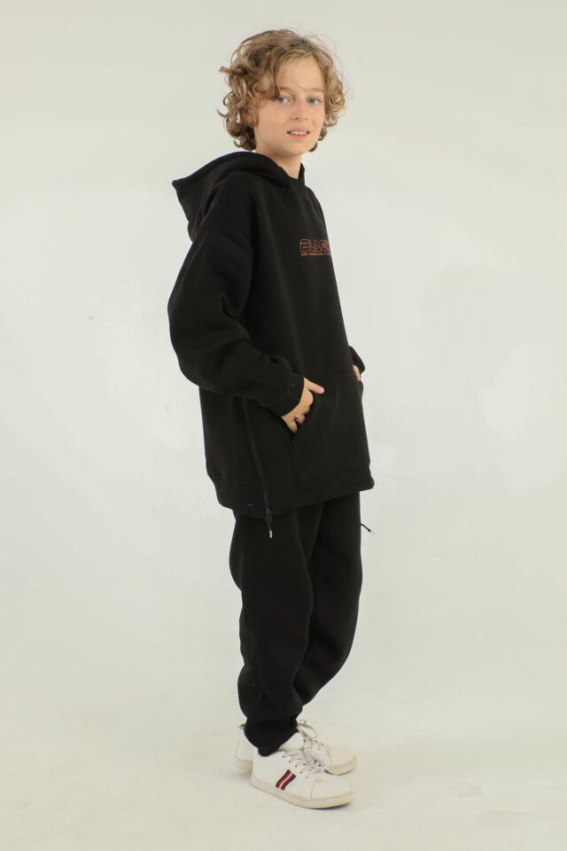 Kapüşonlu Kargo Cepli Yan Fermuar Detaylı Kalın Erkek Çocuk Eşofman Takımı