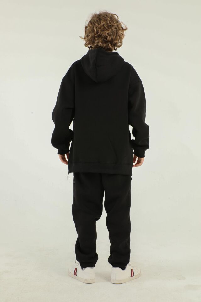 Kapüşonlu Kargo Cepli Yan Fermuar Detaylı Kalın Erkek Çocuk Eşofman Takımı