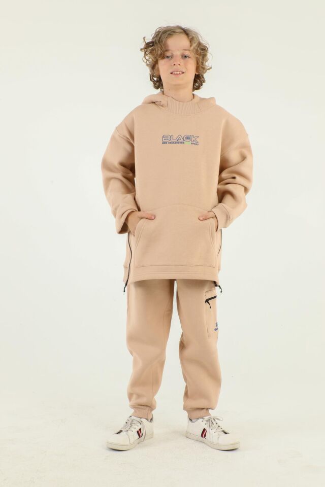 Kapüşonlu Kargo Cepli Yan Fermuar Detaylı Kalın Erkek Çocuk Eşofman Takımı