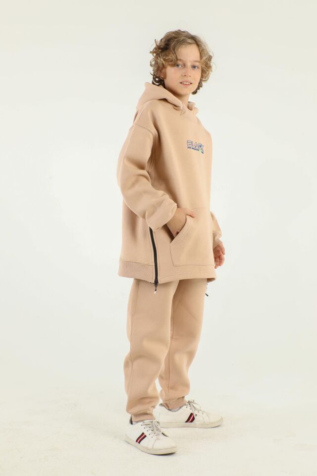 Kapüşonlu Kargo Cepli Yan Fermuar Detaylı Kalın Erkek Çocuk Eşofman Takımı