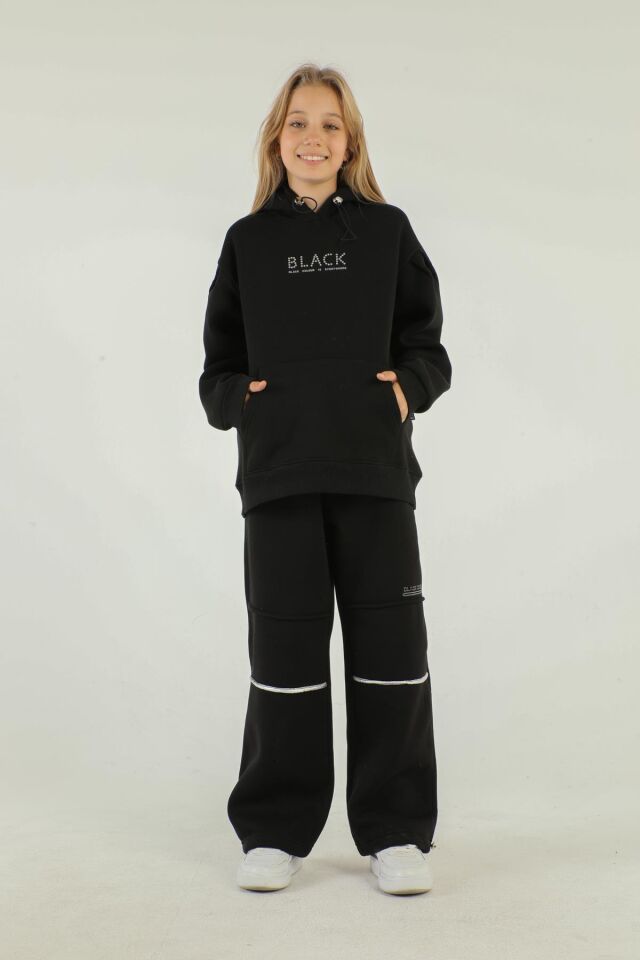 Kapüşonlu Baskı Detaylı Kalın Kız Eşofman Takımı