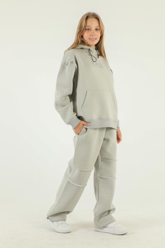 Kapüşonlu Baskı Detaylı Kalın Kız Eşofman Takımı