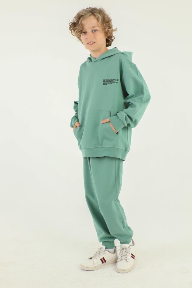 Kapüşonlu Baskı Detaylı Çelikli İnterlok Kumaştan Basic Erkek Çocuk Eşofman Takımı