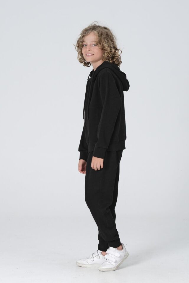 Black One Erkek Çocuk Çelikli İnterlok Kumaş Fermuarlı Kapüşonlu Baskı Detaylı Çift Cep Eşofman Takımı