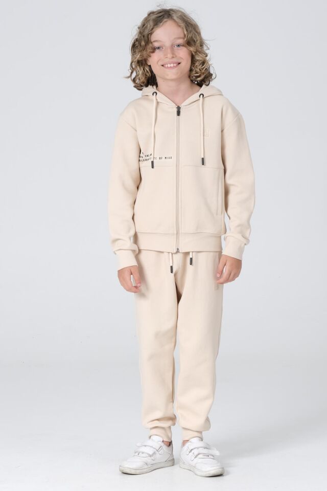 Black One Erkek Çocuk Çelikli İnterlok Kumaş Fermuarlı Kapüşonlu Baskı Detaylı Çift Cep Eşofman Takımı