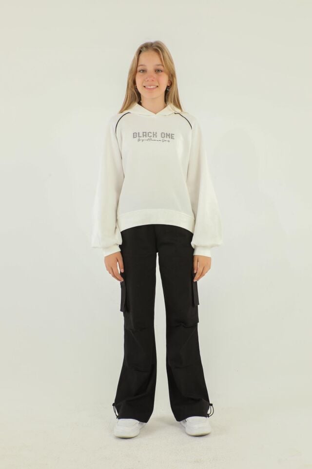 Kapüşonlu Baskı Detaylı Kargo Cepli Kız Çocuk Takım