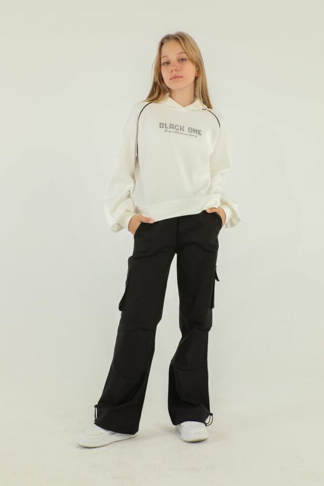 Kapüşonlu Baskı Detaylı Kargo Cepli Kız Çocuk Takım