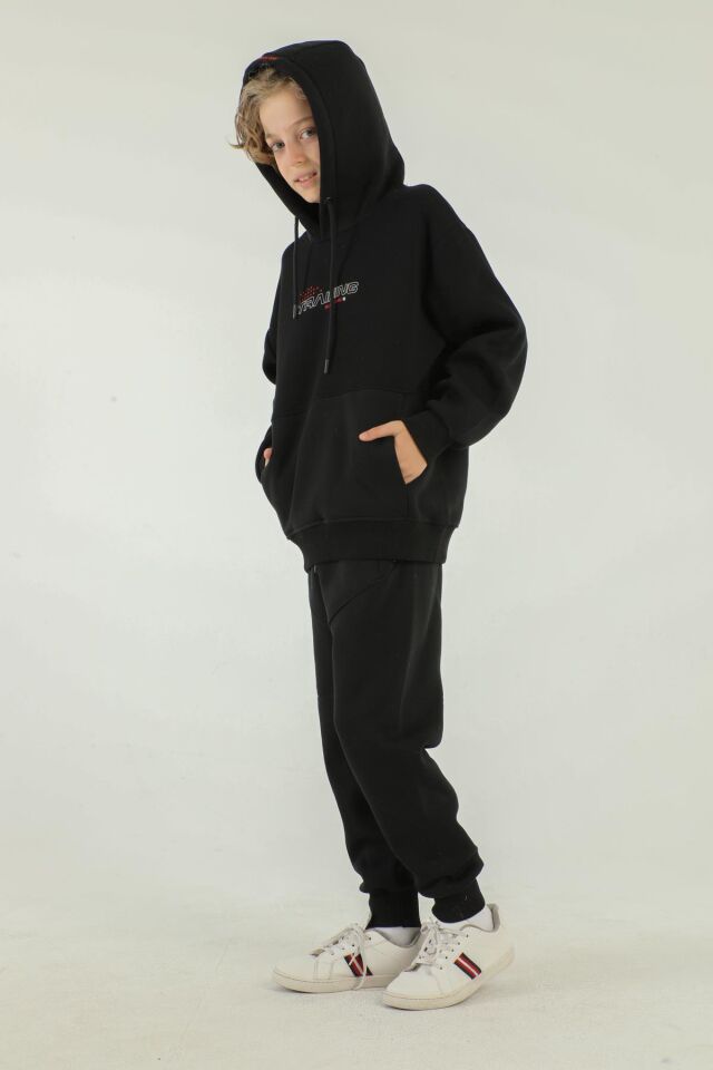 Kapüşonlu Baskı Detaylı Kargo Cepli Erkek Çocuk Eşofman Takımı