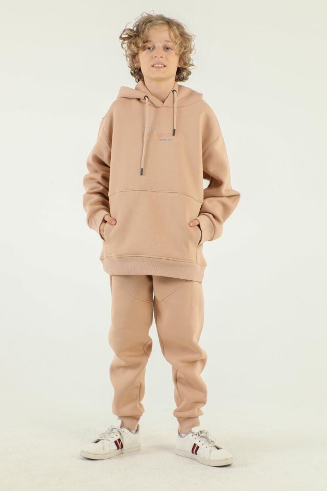 Kapüşonlu Baskı Detaylı Kargo Cepli Erkek Çocuk Eşofman Takımı