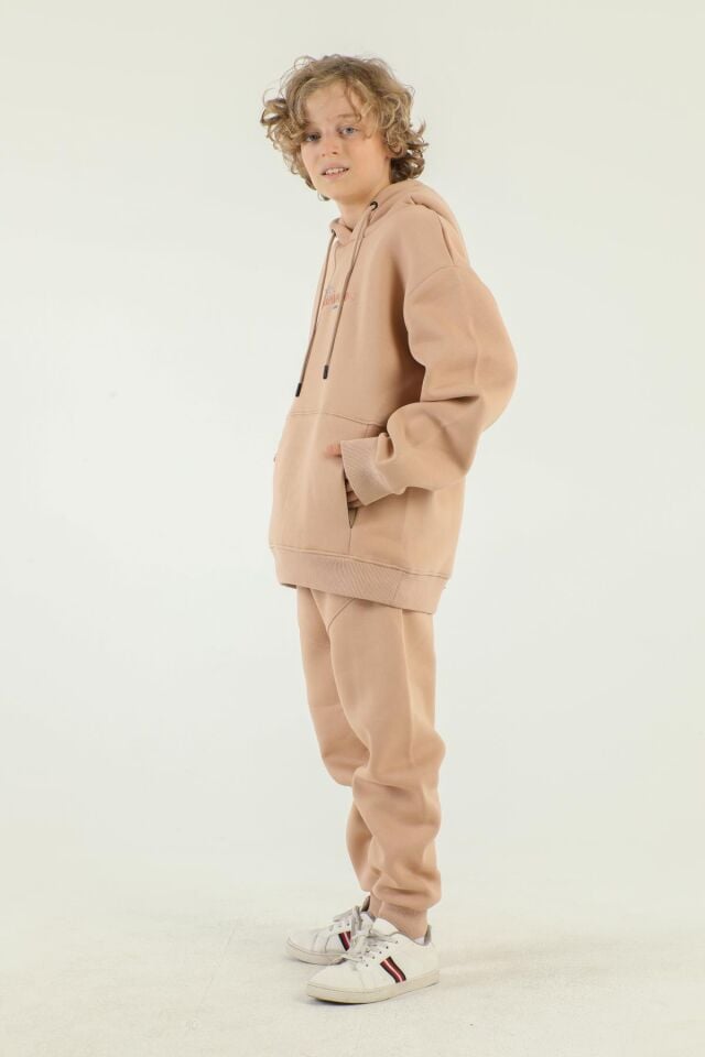 Kapüşonlu Baskı Detaylı Kargo Cepli Erkek Çocuk Eşofman Takımı